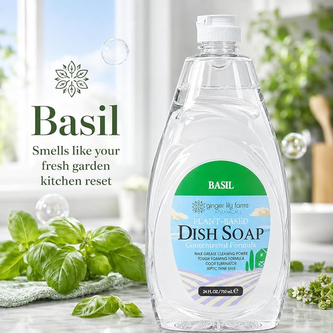 Ginger Lily Farms Botanicals Plant-Based Liquid Dish Soap, Concentrated Formula with Max Grease Cleaning Power, Cruelty-Free, Basil Scent, 24 Fl Oz