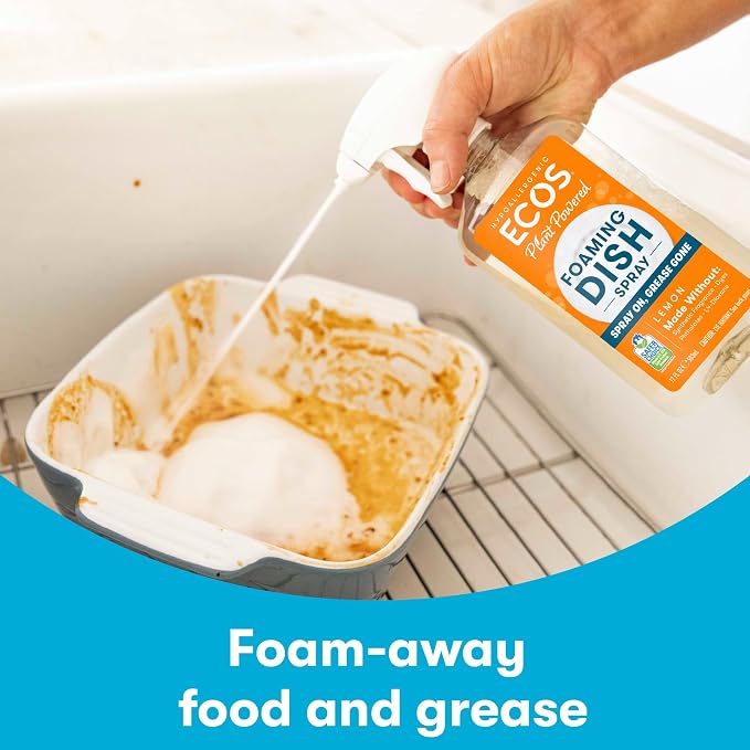 ECOS Foaming Dish Soap, Powerful Spray-On Formula, Saves Water, Wipe & Rinse Dish Cleaner - Hypoallergenic - Lemon, 17 Fl Oz (Pack of 4)