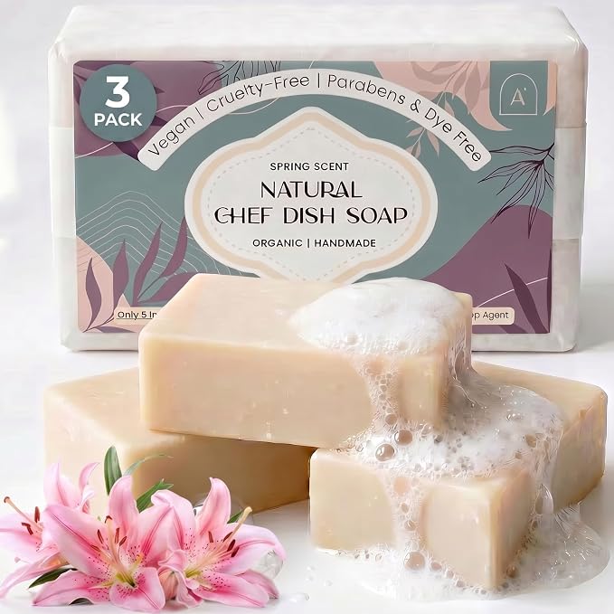 Natural Dish Soap Bar, Cleaning Dishes Solid Block for Kitchen - Organic Biodegradable Dishwashing, only 5 Ingredients, Gentle on Hands - Spring Scent (3 Pack, 19oz)