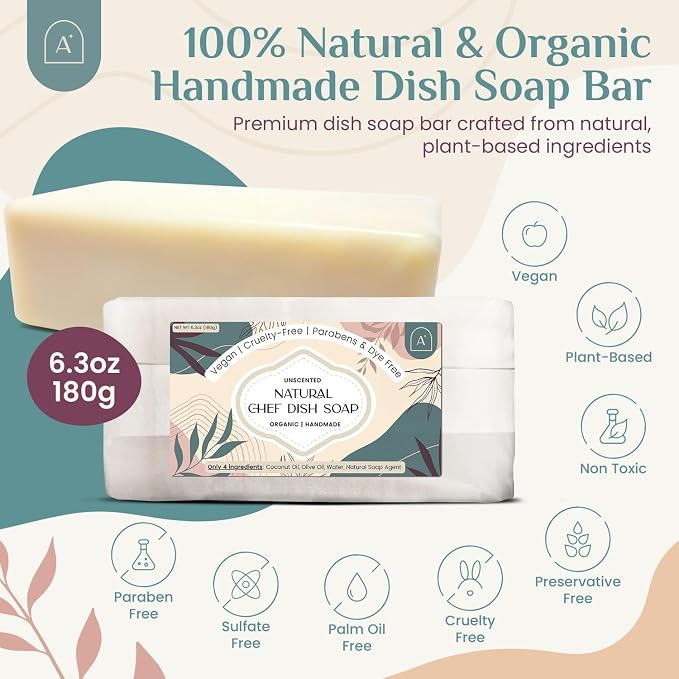 Natural Dish Soap Bar, Cleaning Dishes Solid Block for Kitchen - Organic Biodegradable Dishwashing, only 4 Ingredients, Gentle on Hands - Unscented (3 Pack, 19oz)