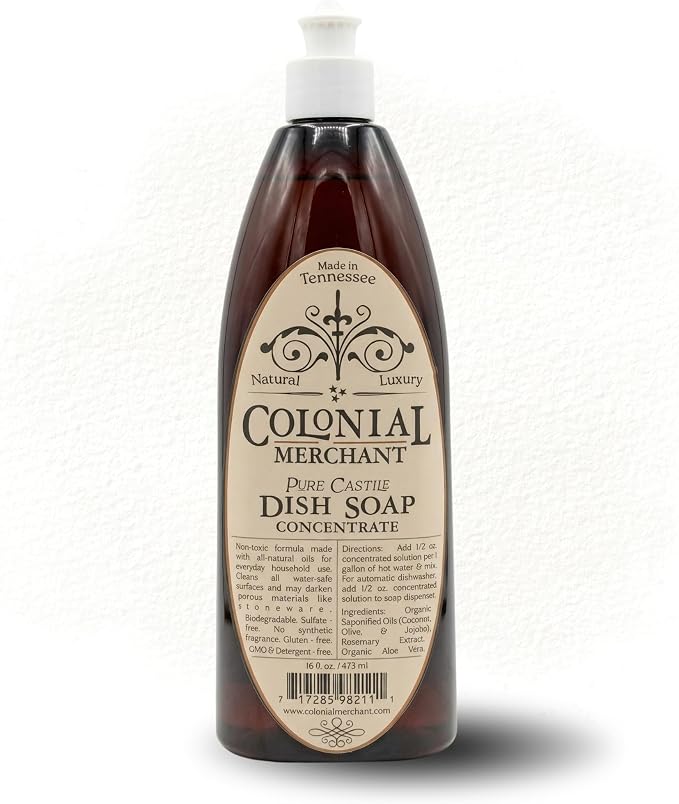 Colonial Merchant Pure Castile Dish Soap Concentrate, Fragrance‑Free, Plant‑Based & Detergent‑Free, Made with Organic Saponified Oils, Gentle Family‑Safe Dish Soap, Made in USA