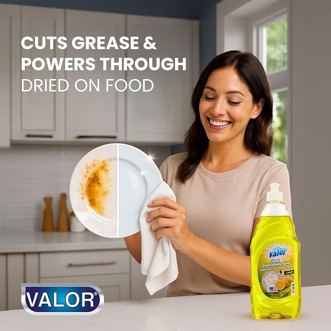 Valor Dishwashing Liquid, 25 fl oz – Dish Soap for Kitchen & Bathroom, Grease-Fighting, Gentle on Hands, Fast Rinse, Eco-Friendly Biodegradable Formula (25.5 oz (Pack of 3), Lemon)