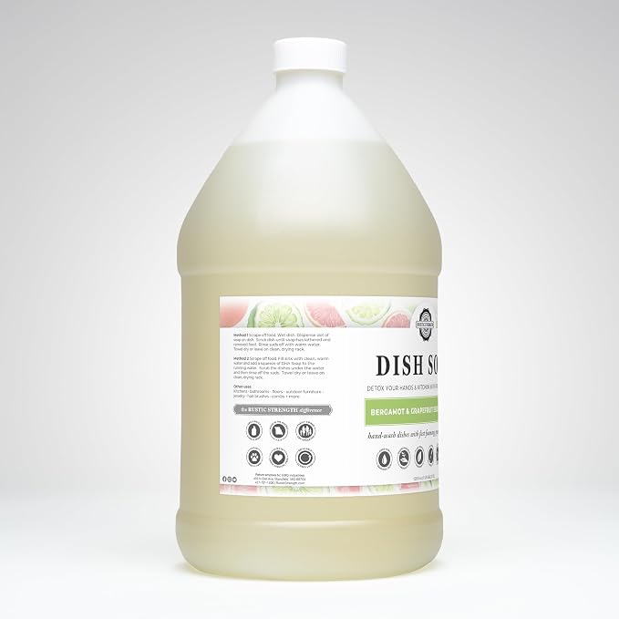 Rustic Strength Dish Soap, Bergamot & Grapefruit Scent, Gallon Plastic | Plant-Derived Cleansers,Helps Remove Grease and Food Residue,Rich Lather