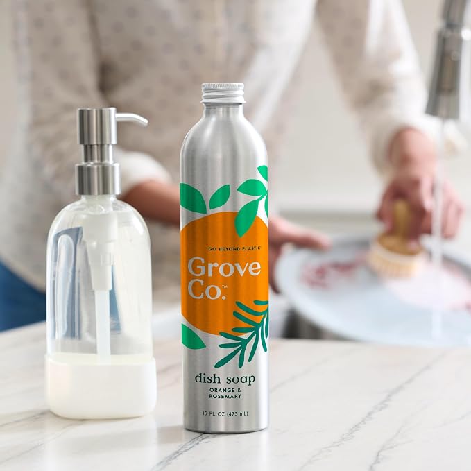 Grove Co. Dish Soap, 3 x 16 fl oz Refills + Refillable Glass Dispenser | Orange & Rosemary; Plastic-Free; Reusable dispenser; Refill format; Removes Stuck on Food; 98% plant-based ingredients