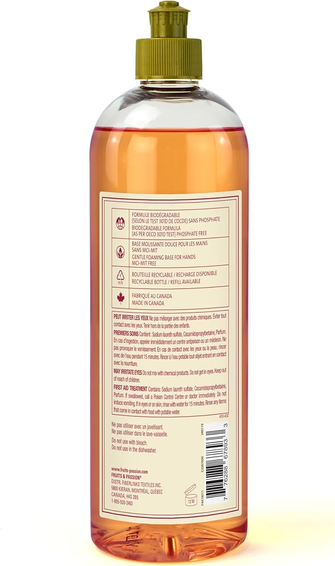 Fruits & Passion Cucina Concentrated Dish Soap, Sanguinelli Orange & Fennel, Gentle Liquid Dishwashing Detergent with Olive Oil, Plant-Based Formula, Refillable Recyclable Bottle, 16.9 fl oz
