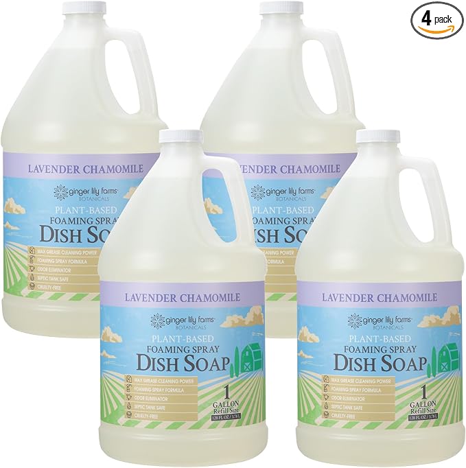 Ginger Lily Farms Botanicals Plant-Based Foaming Spray Dish Soap, Concentrated Formula with Max Grease Cleaning Power, Cruelty-Free, Lavender Chamomile Scent, 1 Gallon (Pack of 4)