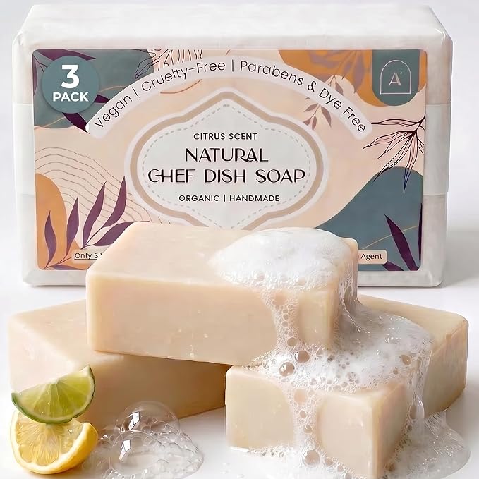 Natural Dish Soap Bar, Cleaning Dishes Solid Block for Kitchen - Organic Biodegradable Dishwashing, only 5 Ingredients, Gentle on Hands - Citrus Scent (3 Pack, 19oz)