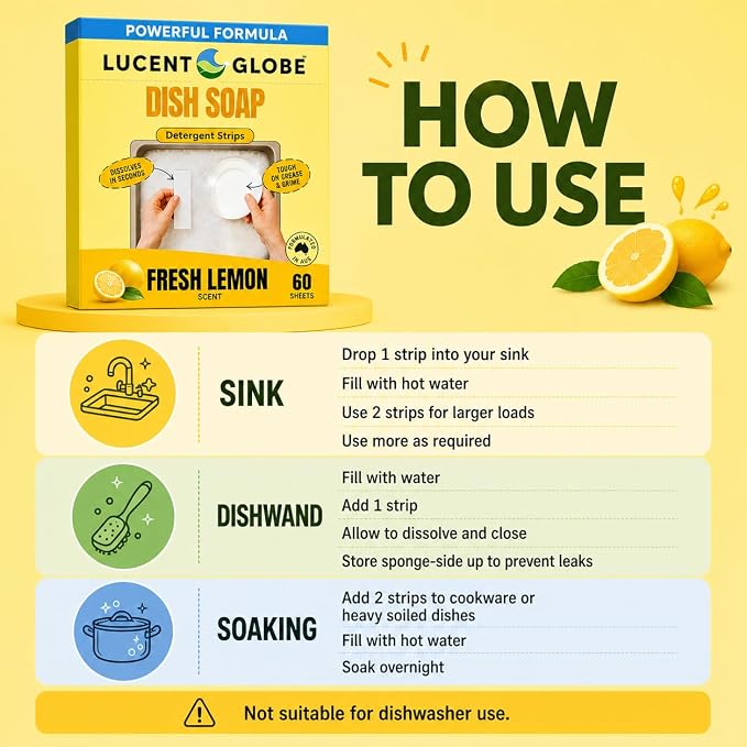Lucent Globe Dish Soap Sheets – Fresh Lemon Scent – Dawn Replacement, Cuts Through Grease, 100 Washes, Liquidless, Spot-Free Finish, Hard Water Compatible, 100% Plastic-Free, Natural Ingredients