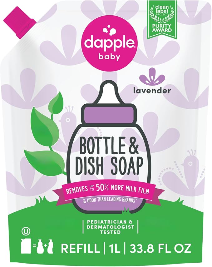Dapple Baby Lavender Bottle & Dish Soap Refill Pouch - (2 Pack) 33.8 fl oz - Plant-Powered Cleaner for Baby Bottles, Pump Parts, and Sippy Cups