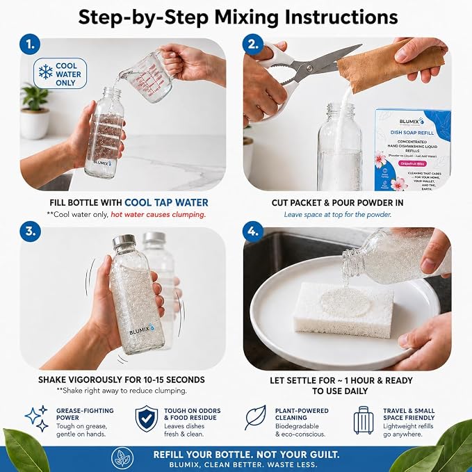 Dish Soap Refill Powder-to-Liquid Concentrate, Just Add Cool Water, Grapefruit Scent, 4 Packets Make 4 x 16 fl oz Bottles, Grease-Fighting, Plastic-Free (Grapefruit Scent)