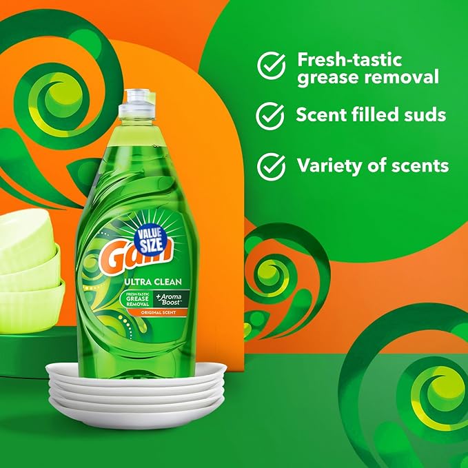 Gain Ultra Degreaser Dish Soap, Original Scent, 38 Fl Oz bundled with Heacy Duty Scotch Brite Sponge