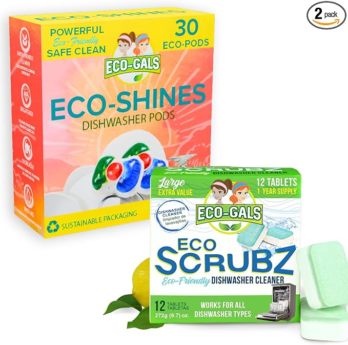Eco-Gals Dish Cleaning Ultra Pack With Eco-Scrubz Dishwasher Cleaner Plus Eco-Shines Dish Detergent with 3 in 1 Power of Liquid, Powder, and Gel for Brighter Cleaner Dishes