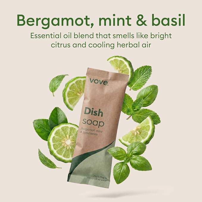 Vove Dish Soap Refills 3-Pack, Bergamot Mint & Basil, Powder-to-Gel Dishwashing Liquid Refill, Plant-Based Concentrated Formula, Grease-Cutting Power, Plastic-Free Compostable Packaging, Essential oil