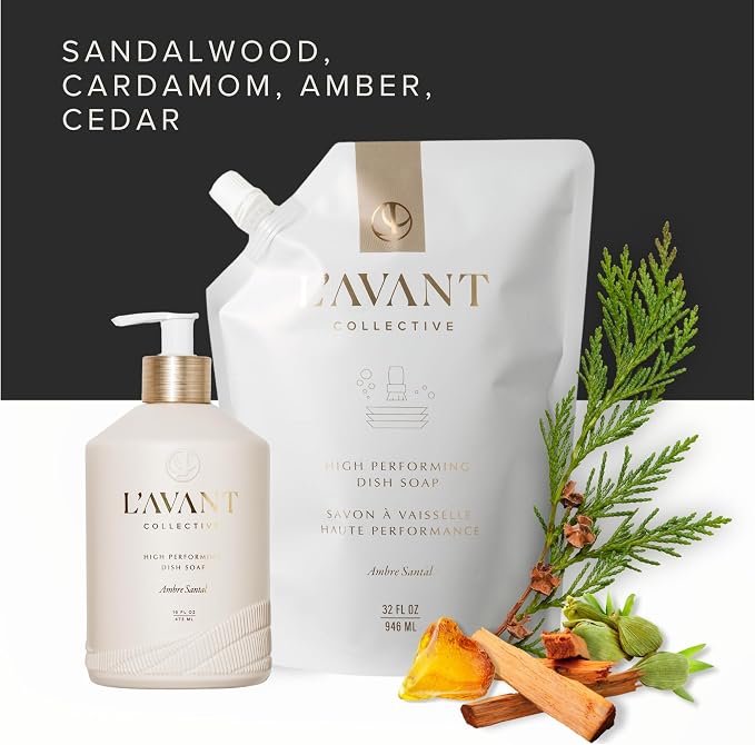 L'AVANT Dish Soap Refill, Plant-Based, Non-Toxic, 32 Fl Oz, Ambre Santal | Plant-based formula, grease-cutting power, gentle on hands, non-toxic, glass bottle refill, cruelty-free, Ambre Santal scent