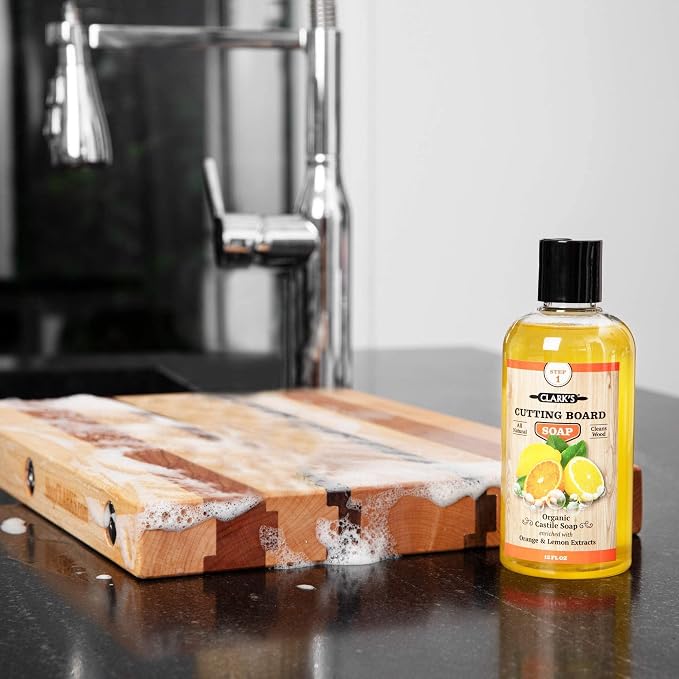 CLARK'S Cutting Board Soap and Large Scrub Brush from Clean your kitchen boards, bowls, countertops, and utensils the natural way | Castile Based