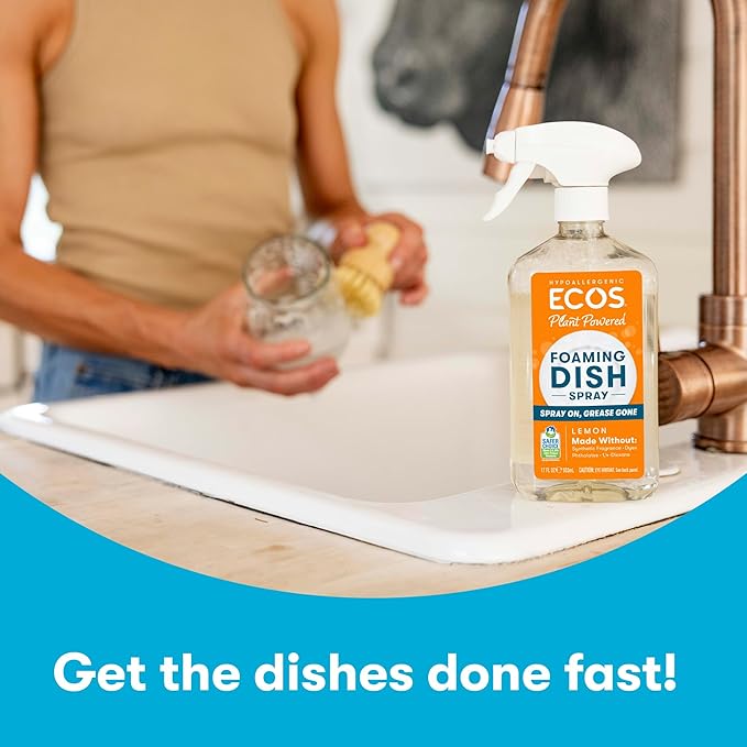 ECOS Foaming Dish Soap, Powerful Spray-On Formula, Saves Water, Wipe & Rinse Dish Cleaner - Hypoallergenic - Lemon, 17 Fl Oz (Pack of 4)