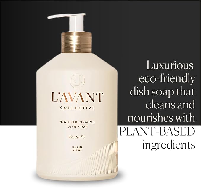 L'AVANT Collective The Ultimate Dish Wash Duo, Natural Luxury Dish Soap 16 Fl Oz with Refillable Glass Pump Bottle & 2 Loofah Dish Sponges for Pots, Pans, Dishes and Kitchen Cleaning, Winter Fir