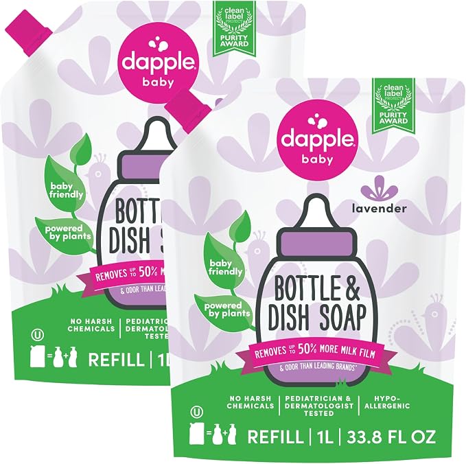Dapple Baby Lavender Bottle & Dish Soap Refill Pouch - (2 Pack) 33.8 fl oz - Plant-Powered Cleaner for Baby Bottles, Pump Parts, and Sippy Cups