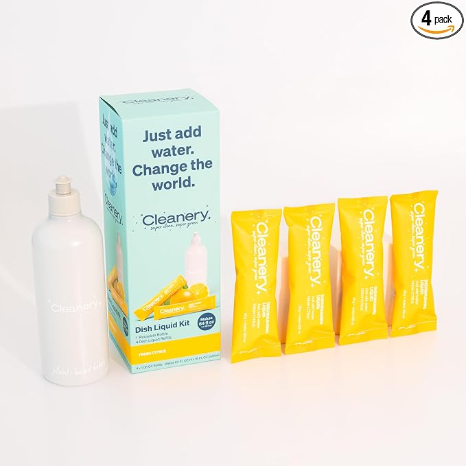 Dish Soap Powder Refill Starter Kit with Reusable Bottle + 4 Fresh Citrus Refills, Makes 16 fl oz each