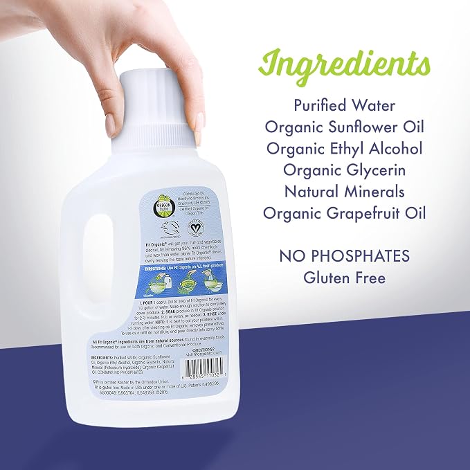 Fit Organic Produce Wash Soaker – USDA Certified Organic Fruit & Vegetable Cleaner, Tasteless & Odorless, Chemical-Free, Kosher, Safe for Family, Kids & Pets – 32 FL Oz (2-Pack)