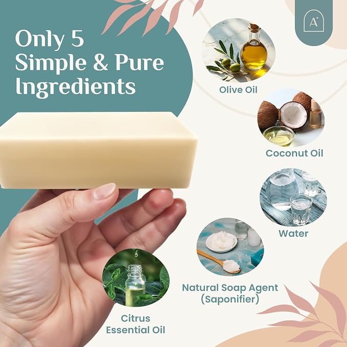 Natural Dish Soap Bar, Cleaning Dishes Solid Block for Kitchen - Organic Biodegradable Dishwashing, only 5 Ingredients, Gentle on Hands - Citrus Scent (3 Pack, 19oz)