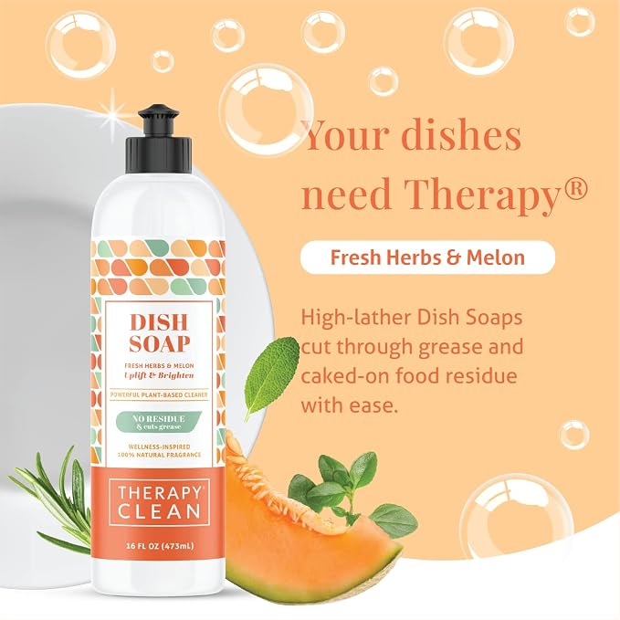 Therapy Clean Dish Soap Fresh Herb & Melon (6-Pack), Dishwashing Liquid, Dishwasher Soap, Natural Dish Soap Refill, Dishsoap, Dish Washing Liquids, Bottle Soap