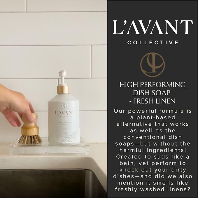 L'AVANT Collective Natural Dish Soap, Plant-Based, Fresh Linen, 16 Fl Oz | Plant-based formula, grease-cutting power, refillable glass pump bottle, kid and pet safe, cruelty-free, Fresh Linen scent