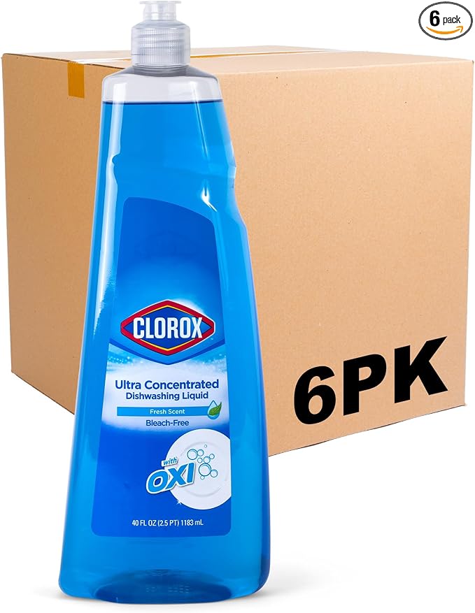 Clorox Ultra Concentrated Dish Soap with OXI, Fresh Scent, 40 Fl Oz, 6-Pack | Bleach-free formula, dermatologist tested, cuts grease on contact, tough on baked-on stains