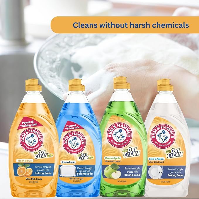 Arm & Hammer Ultra Dish Soap Variety Pack, 4-Pack (24oz Each) – Citrus, Ocean Fresh, Crisp Apple & Free & Clear – Powerful Grease Cleaning, Fresh Scents