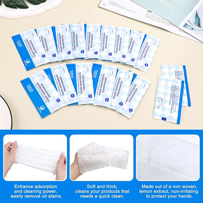 200 Pcs Dish Wipes, Individually Wrapped, Lemon Scent, Non Woven Fabric, Quick Clean, Kitchen, Outdoor, Travel, Camping