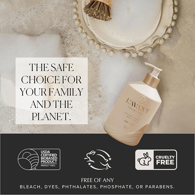 L'AVANT Plant-Based Luxury Dish Soap with Pump, Ambre Santal, 16 Fl Oz | Plant-based grease-cutting formula, refillable glass bottle with pump, gentle on hands, kid and pet safe, Ambre Santal scent