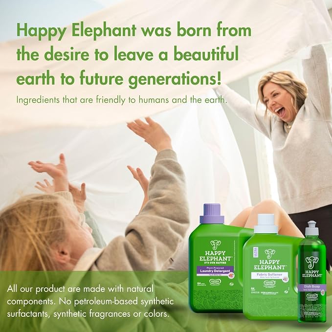 Happy Elephant Dish Soap, White Tea & Fig Scent, Natural Biodegradable Liquid Dish Soap, Plant Based, Grease Fighting, Tough on Food, Gentle on Hands, No Synthetic Fragrance, 12 Fl Oz