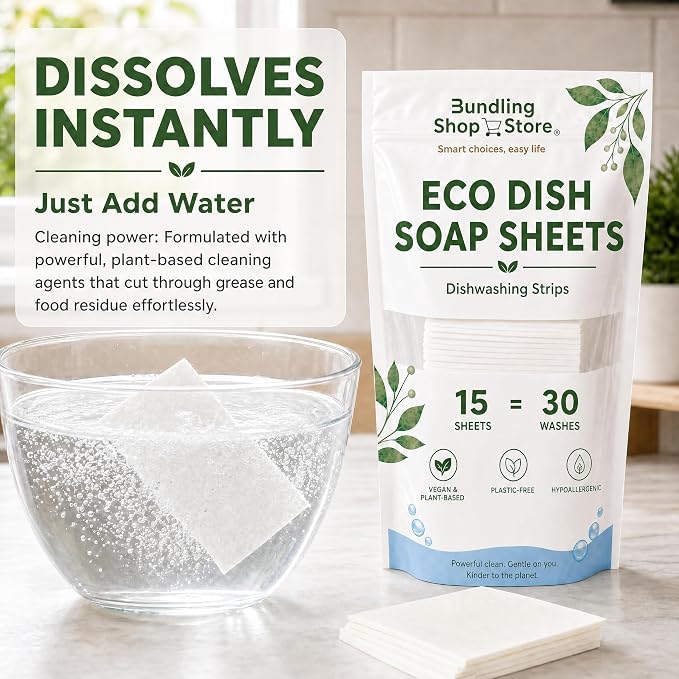 Eco Dish Soap Sheets – Eco Dishwashing Strips for Dishwasher Machines and Hand Washing – Travel & Home, 15 Sheets Up to 30 Washes (SPRAY BOTTLE NOT INCLUDED)