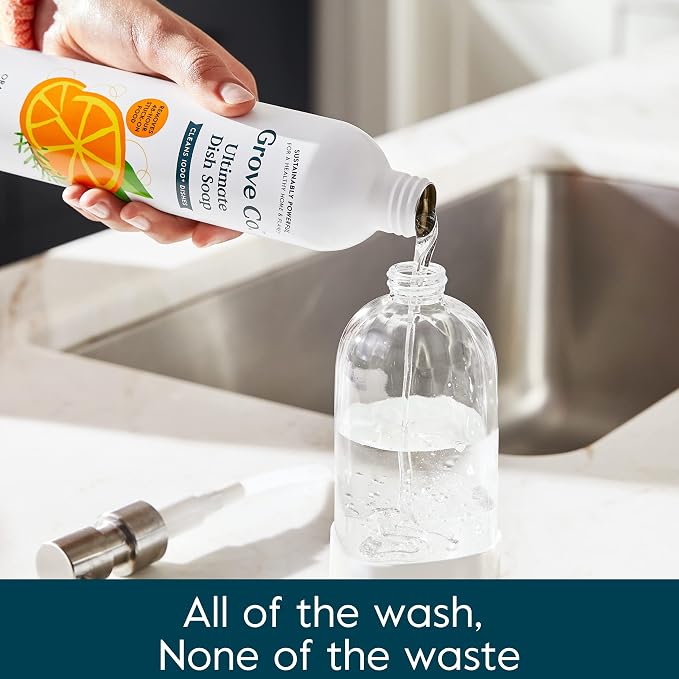Grove Co. Dish Soap, 3 x 16 fl oz Refills + Refillable Glass Dispenser | Orange & Rosemary; Plastic-Free; Reusable dispenser; Refill format; Removes Stuck on Food; 98% plant-based ingredients