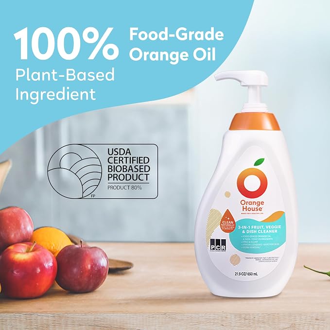 ORANGE HOUSE 3 in 1 Plant Based Dish Soap, Non Harmful Ingredients Veggie Wash, Orange Oil Fruit and Vegetable Wash, Convenient Fruit Wash, 21.9 Fl Oz Fruit Cleaner, Natural Dish Soap (1 Pack) | Cleans Dishes, Fruits & Vegetables, Eco Friendly Plant Ba...