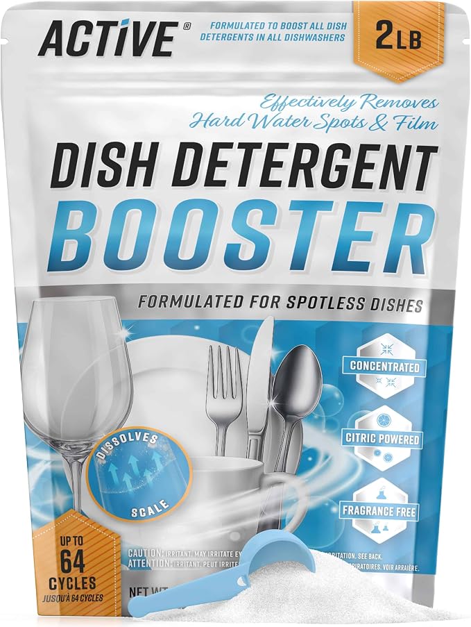Dishwasher Detergent Booster Prewash Powder - ACTIVE Citric Acid Dishwashing Additive for Hard Water, Natural Dish Washer Shine & Rinse Aid, Lime Scale Remover for Cloudy Glassware - 64 Uses (32-oz)