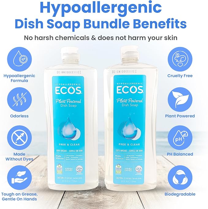 Unscented Dish Soap Liquid Hypoallergenic Cleaning Pack with 1 Natural Sisal Dish Scrub Brush & 2 Unscented Clear Liquid Dishwashing Soap With Biodegradable Formula (3 Items)