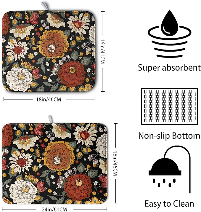 Vintage Floral Dish Drying Mat for Kitchen Counter Retro Sunflower Floral - Image 2