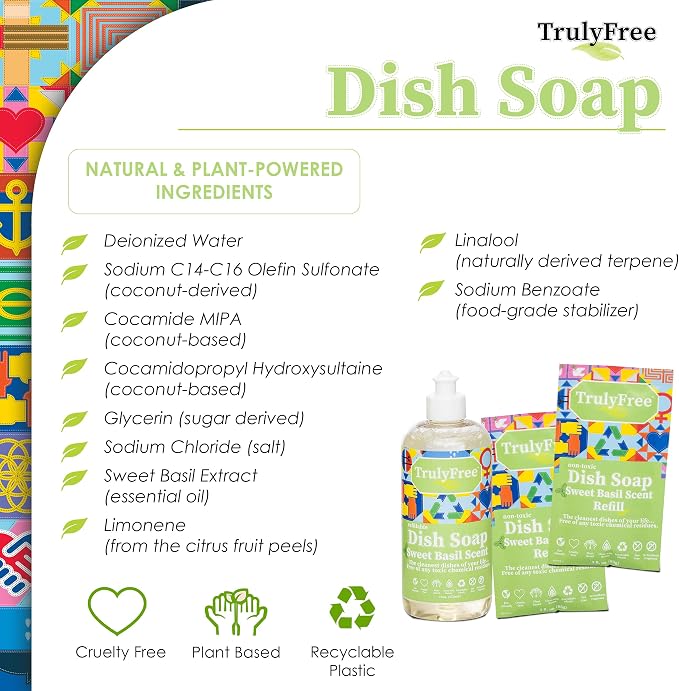 Truly Free Non Toxic Dish Soap Kit | Natural Concentrated Dishwashing Liquid - Sweet Basil Scent | Organic Plant-Based | Family Safe - Eco-Friendly Formula | 16 fl oz