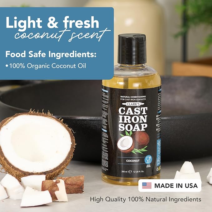 CLARK'S Cast Iron Cleaner 12 oz, Plant-Based Coconut Scented Cast Iron Soap | Cast Iron Soap for Skillets, Griddles - Protects and Restores Cookware - Made in USA