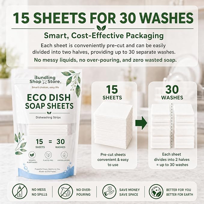 Eco Dish Soap Sheets – Eco Dishwashing Strips for Dishwasher Machines and Hand Washing – Travel & Home, 15 Sheets Up to 30 Washes (SPRAY BOTTLE NOT INCLUDED)