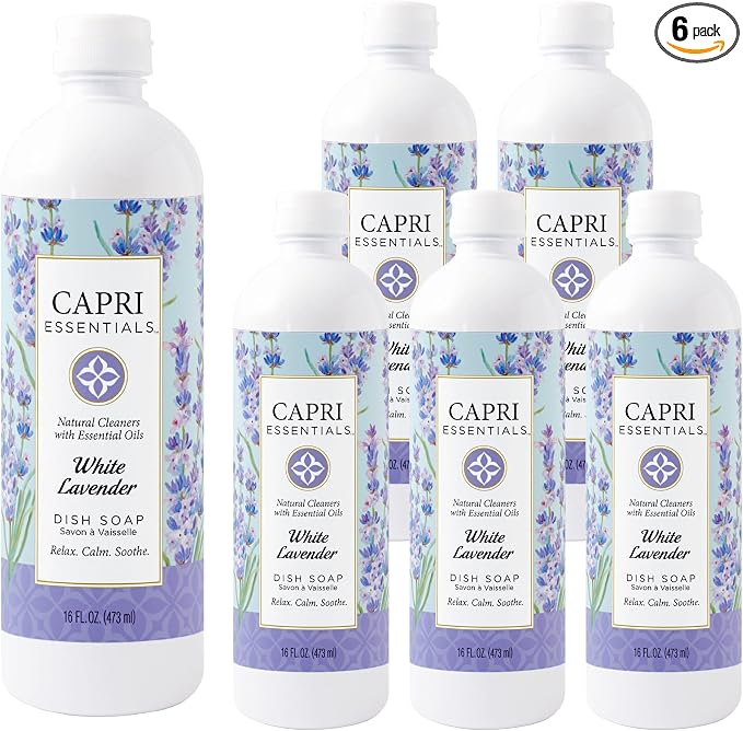 CAPRI ESSENTIALS Dish Soap Liquid, Natural Household Cleaning, Plant Based Aromatic Dish Detergent, Blend of Essential Oils with Juniper & Chamomile, White Lavender, 16 FL Oz (6 Pack)