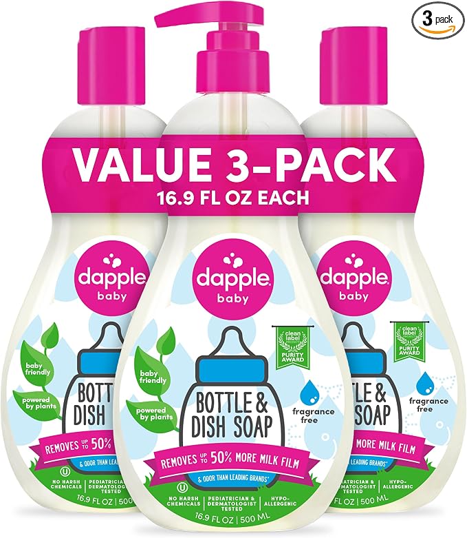 Dapple Baby Fragrance Free Bottle & Dish Soap - (3 Pack) 16.9 fl oz - Cleans Baby Bottles, Sippy Cups, Pacifiers, Breast Pumps, & More - Gently Removes Milk Film & Odors - Includes 1 Pump