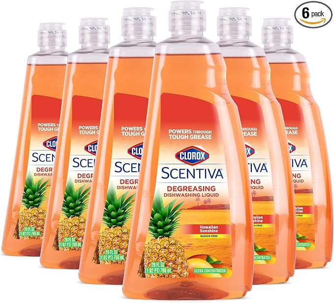 Clorox Scentiva Liquid Dish Soap, Hawaiian Sunshine Scent, Ultra-Concentrated Dishwashing Detergent, Grease Cutting Bleach-Free, 26 Fl Oz, 6 Pack