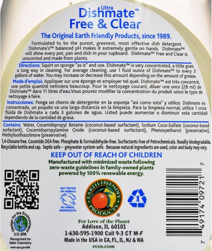 Earth Friendly Dishmate - Free and Clear - Case of 6 - 25 fl oz