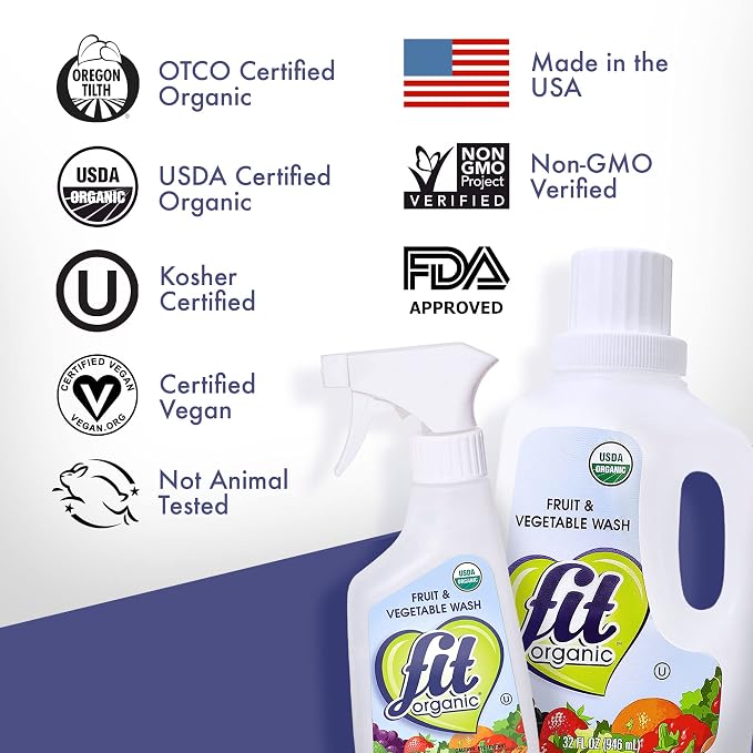 Fit Organic Produce Wash Soaker – USDA Certified Organic Fruit & Vegetable Cleaner, Tasteless & Odorless, Chemical-Free, Kosher, Safe for Family, Kids & Pets – 32 FL Oz (2-Pack)