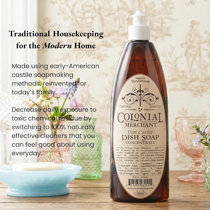 Colonial Merchant Pure Castile Dish Soap Concentrate, Fragrance‑Free, Plant‑Based & Detergent‑Free, Made with Organic Saponified Oils, Gentle Family‑Safe Dish Soap, Made in USA