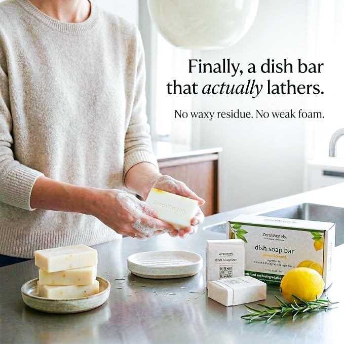 ZeroWastely Natural Dish Soap Bar - Value Pack of 3 Solid Soap Block 16oz - Lemon Scented, Long Lasting, Skin Friendly - Sustainably Made from 100% Organic Ingredients - Plastic Free Dish Soap