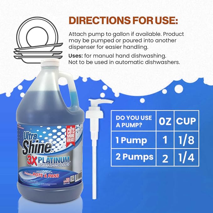 Ultra Shine™ 4 Pack 3X Platinum™ Dishwashing Liquid, Powerful Grease Remover, 1 Gallon - Concentrated Dish Cleaner Soap for Commercial Kitchens, Restaurants & Home Cleaning, Gentle on Hands & Skin