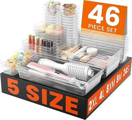 A-LuGei 【46PCS & 5Sizes Clear Drawer Organizer, 【Hold 277 Items】 Makeup by A-LUGEI